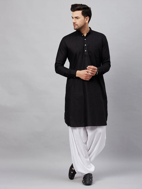Men's Black Cotton Blend Pathani Suit Set